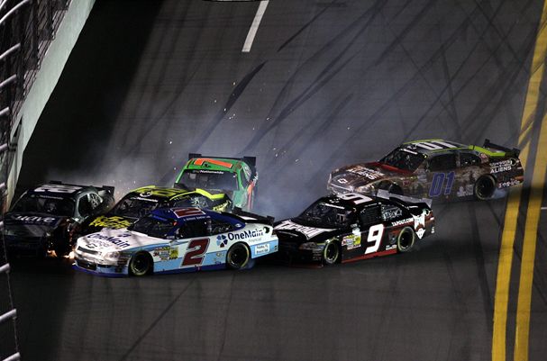 No. 88 Aric Almirola, No. 2 Elliott Sadler, No. 66 Steve Wallace, No. 7 Danica Patrick, No. 9 Tony Stewart and No. 01 Mike Wallace wreck on the last lap of the NASCAR Nationwide Series Subway Jalapeno 250 powered by Coca-Cola on Friday at Daytona International Speedway in Daytona Beach, Fla. Credit: Chris Graythen/Getty Images